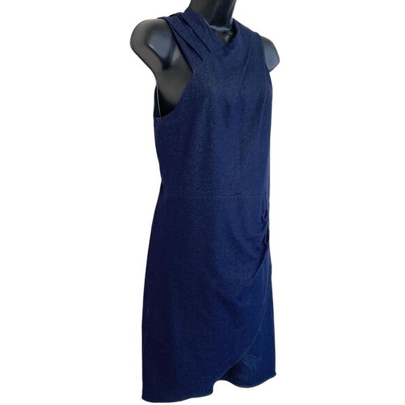Halston Heritage Stretch Dark Denim Faux Wrap Sleeveless Bodycon Mini Dress Sz 4 - Picture 3 of 16